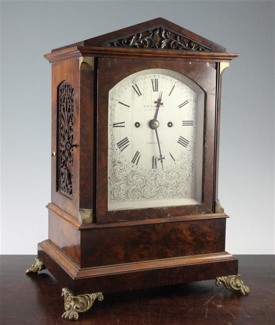 A Victorian figured walnut mantel clock, H.17in.